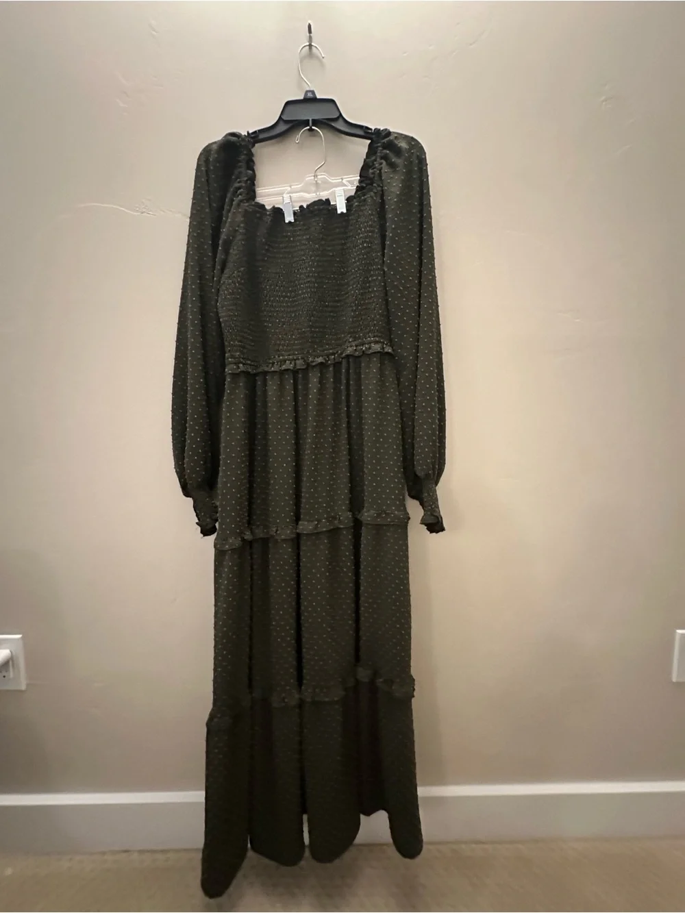 Olive Green Long Sleeve Maxi Dress - Smocked Bodice - Picture 3 of 7